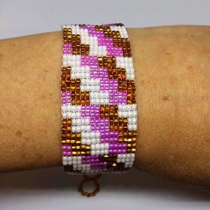 Handmade beaded cuff bracelet pink, gold and white